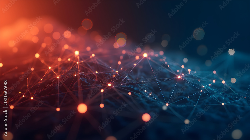 Poster abstract futuristic digital network connection with glowing orange and blue bokeh lights