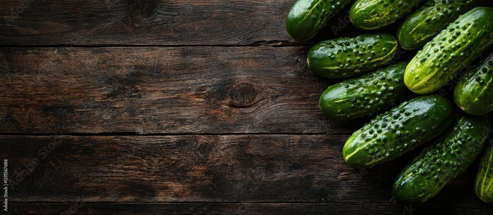 Poster fresh green cucumbers arranged on a rustic wooden table with empty copy space on the left for text o