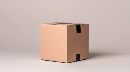 Fototapeta premium Closed light brown cardboard box sealed with black tape on white background.