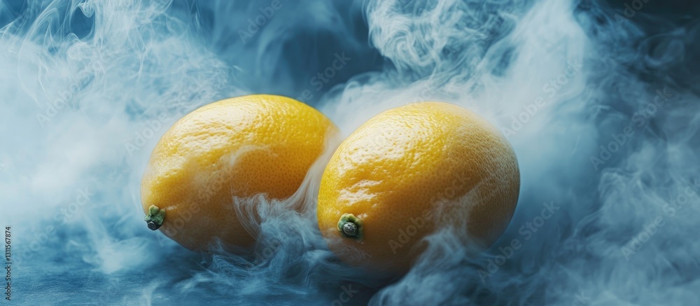 Poster yellow lemons surrounded by fog on a blue background showcasing the contrast of the fresh fruit with