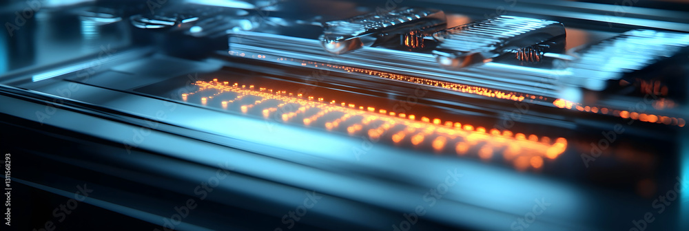Poster a close-up of a futuristic dna sequencing machine with glowing data -