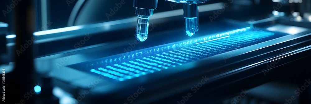 Aufkleber a close-up of a futuristic dna sequencing machine with glowing data -