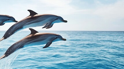 Fototapeta premium Three dolphins leap gracefully above shimmering ocean waves, sho