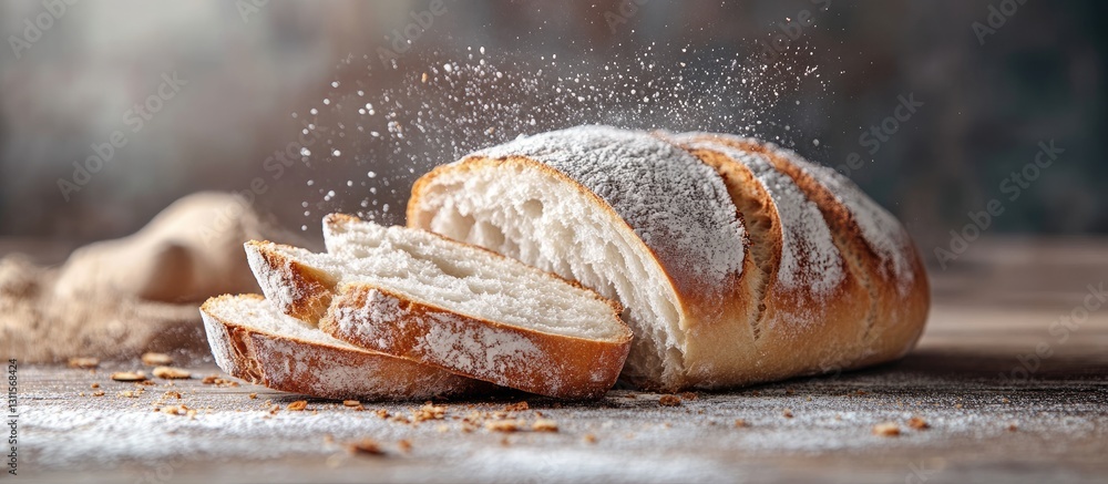 Poster freshly baked rustic white bread loaf sliced on a wooden surface dusted with flour with a soft focus