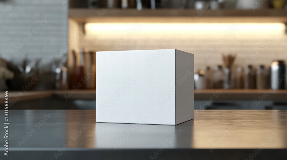 Poster the geometric showcase: a pristine white cube rests on a sleek countertop within a modern kitchen se
