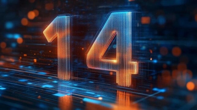 Glowing Futuristic Number 14 On A Digital Abstract Background, Technology And Innovation Concept.