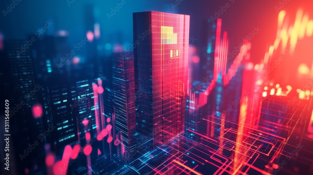 Poster stylish 3d floating skyscraper with glowing business elements