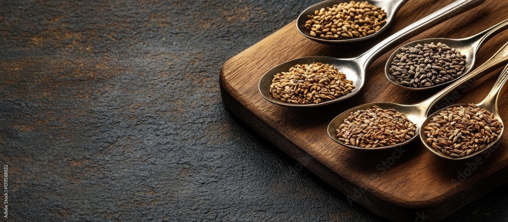 Poster spoons filled with various cumin seeds on a dark wooden board with a textured background and ample b