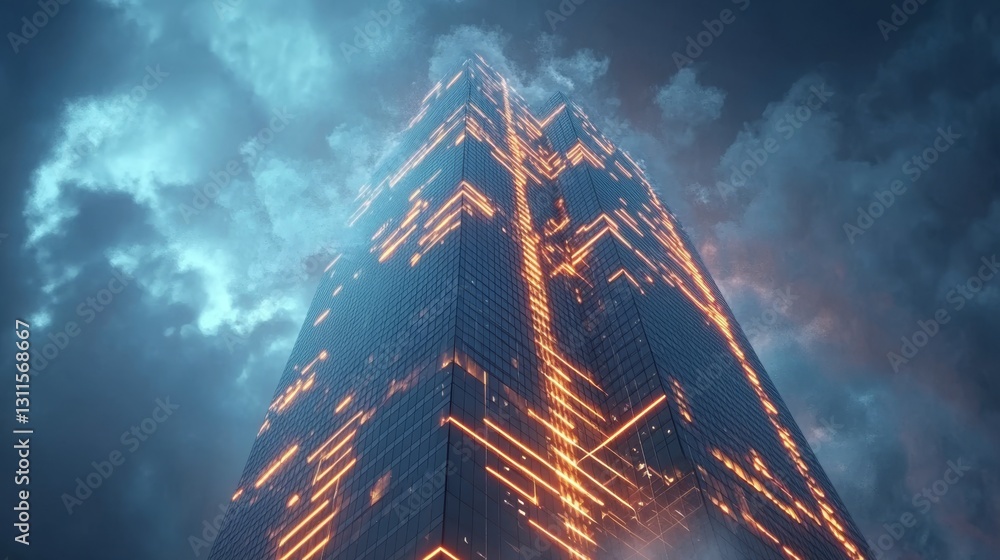 Poster stylish 3d skyscraper design with glowing elements in urban setting
