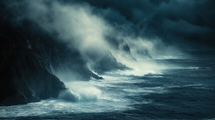 Fototapeta premium Dark ocean waves crash on rocks. Heavy mist and storm clouds cover land. Nature power scene. Cold weather.