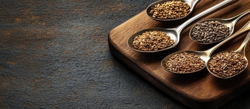 Spoons filled with various cumin seeds on a dark wooden board with a textured background and ample blank space for text on the right