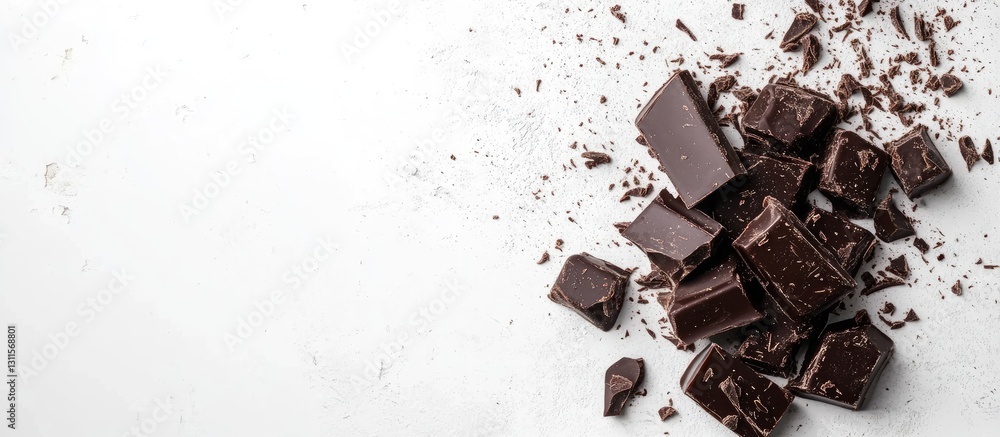Poster dark chocolate pieces and chunks scattered on a light background top view with ample copyspace highl
