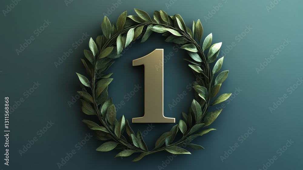 Poster elegant 3d laurel wreath with number one on soft green background