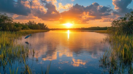 Obraz premium Lake at sunset. Orange sky over water. Water reflecting the clouds. Bird in the water. Grass on lake shore.