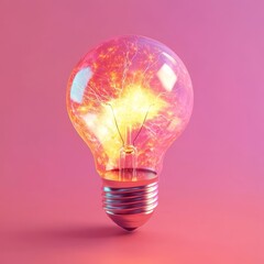 Vibrant 3D Lightbulb with Electric Sparks in Bright Pink Background
