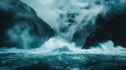 Obraz premium Ocean Waves Crash. Dark Rocks with Mist. Nature Scenery. Water Swirling Around Rocks. Mountain View. Sea Storm.