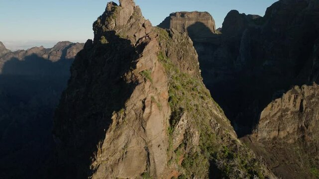 Rugged mountain ridge, trail from Pico do Areeiro to Pico Ruivo, Madeira, Aerial Drone