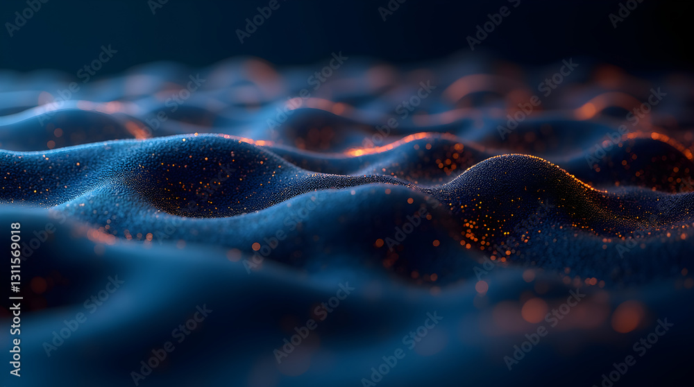 Aufkleber digital abstract blue wavy surface with orange particles - 3d render background texture art