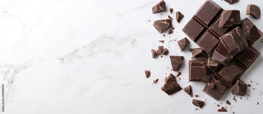 Poster dark chocolate pieces scattered on a light marble background with empty space for text overhead view