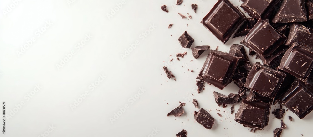 Aufkleber dark chocolate pieces and chunks on a light background with scattered fragments top view showcasing 