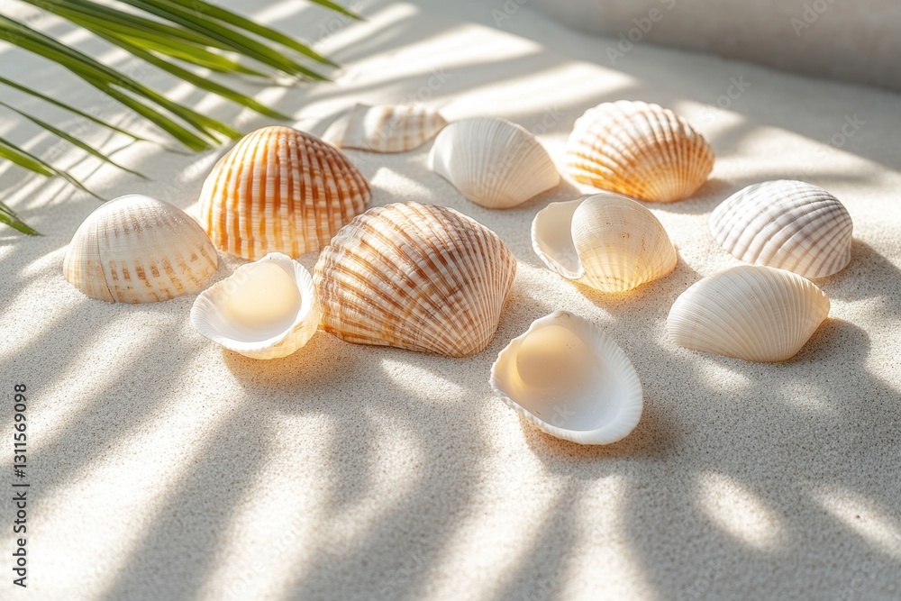Aufkleber sunrise over a tranquil beach with seashells scattered along the shore near the calm ocean waves and