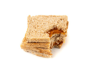 Bitten dried pate sandwich isolated, low-quality food leftovers, bad quality toast bread lunch