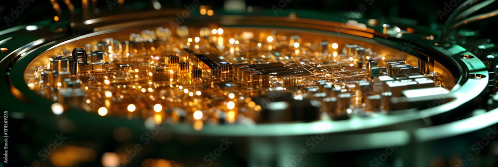 Poster a close-up of a futuristic quantum processor with glowing circuits -