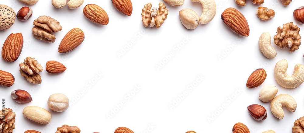 Poster mixed nuts arrangement featuring walnuts, cashews, almonds, and hazelnuts in a circular pattern on a