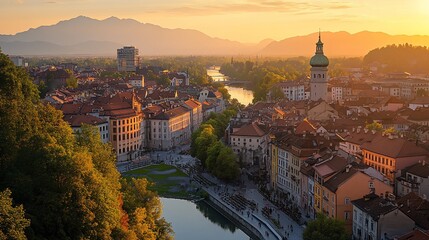Fototapeta premium Golden Sunset Over Ljubljana City, Slovenia