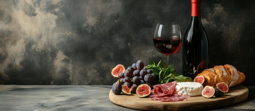 Gourmet platter featuring sliced jamon, fresh figs, grapes, and cream cheese on a wooden board with a glass of red wine and baguette on a rustic table.