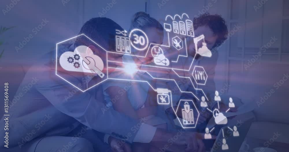 Poster collaborating in office, business professionals using digital network and animation overlay