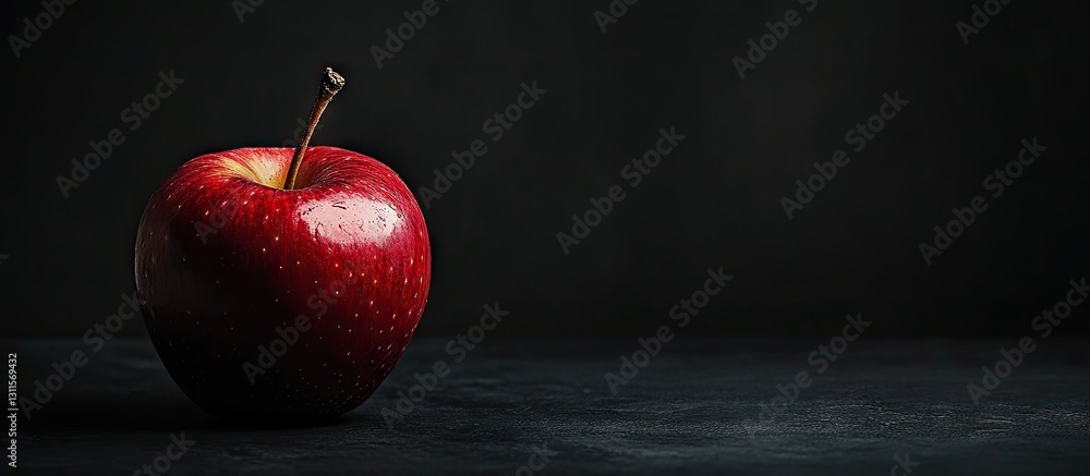 Poster single dark red apple placed on a textured black surface, illuminated softly from the left to enhanc