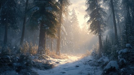 Serene Winter Forest with Sunlight Peeking Through Trees and Soft Snow Blanket on Ground
