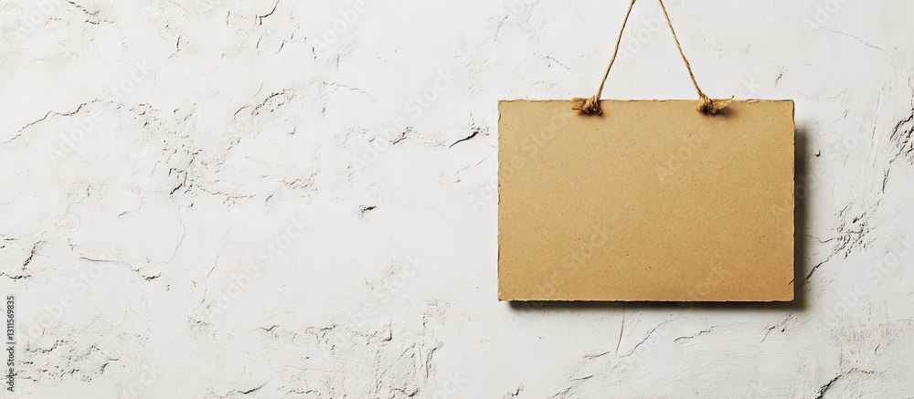 Aufkleber kraft paper frame suspended with twine on textured white wall background showcasing an empty space f