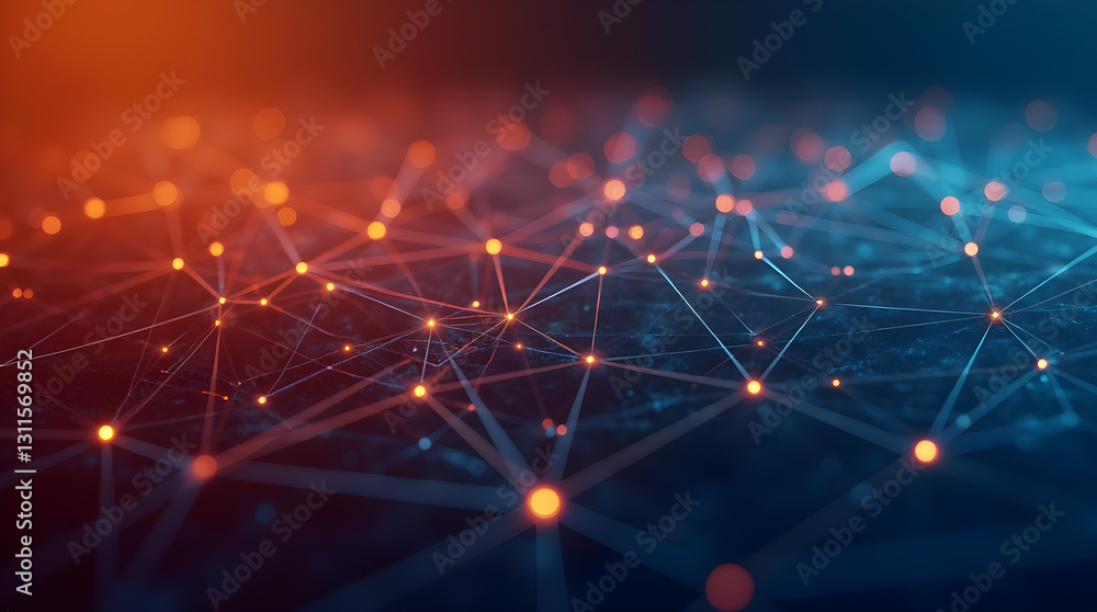Poster abstract glowing digital network nodes lines orange blue futuristic data communication technology ba