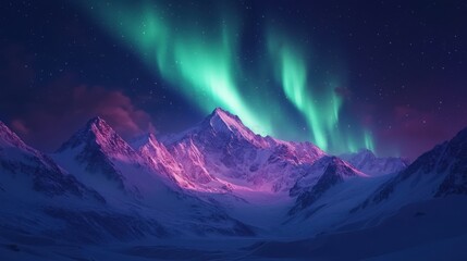 Mountains under a green sky. Aurora lights dance above snowy peaks. Night scene with bright colors. Landscape image of mountains at night.