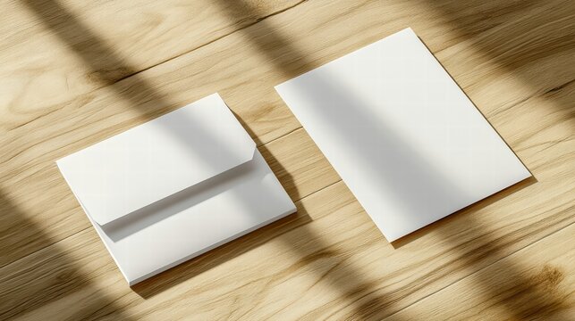 Mockup Stationery: A minimalistic and elegant scene showcasing a set of blank white stationery, comprising of an envelope and a letter, laid artfully on a textured wooden surface.