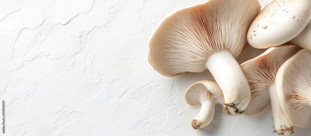 Poster Fresh King Oyster mushrooms arranged on a textured white background showing intricate gills and caps in a top view layout with ample copyspace.