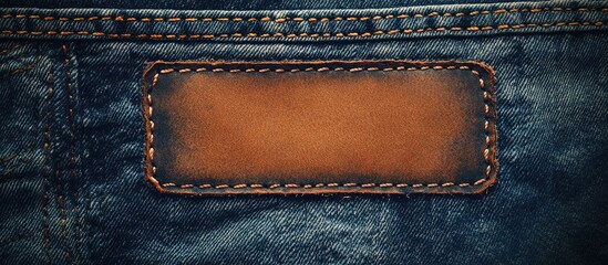 Faded worn denim jeans with genuine leather stitched label positioned centrally against blue background showcasing textured details and earthy tones