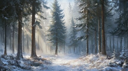 Serene Winter Forest Landscape with Snow-Covered Pines and Soft Light in a Dreamlike Atmosphere