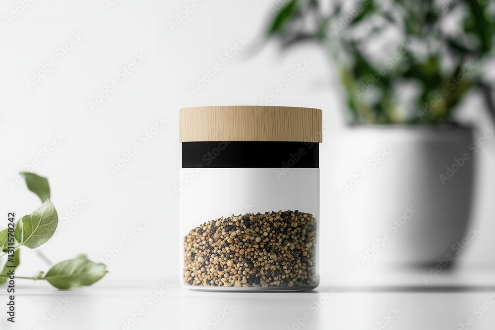 Aufkleber elegant minimalist spice jar showcasing simple black and white design with herbal branding on a mode