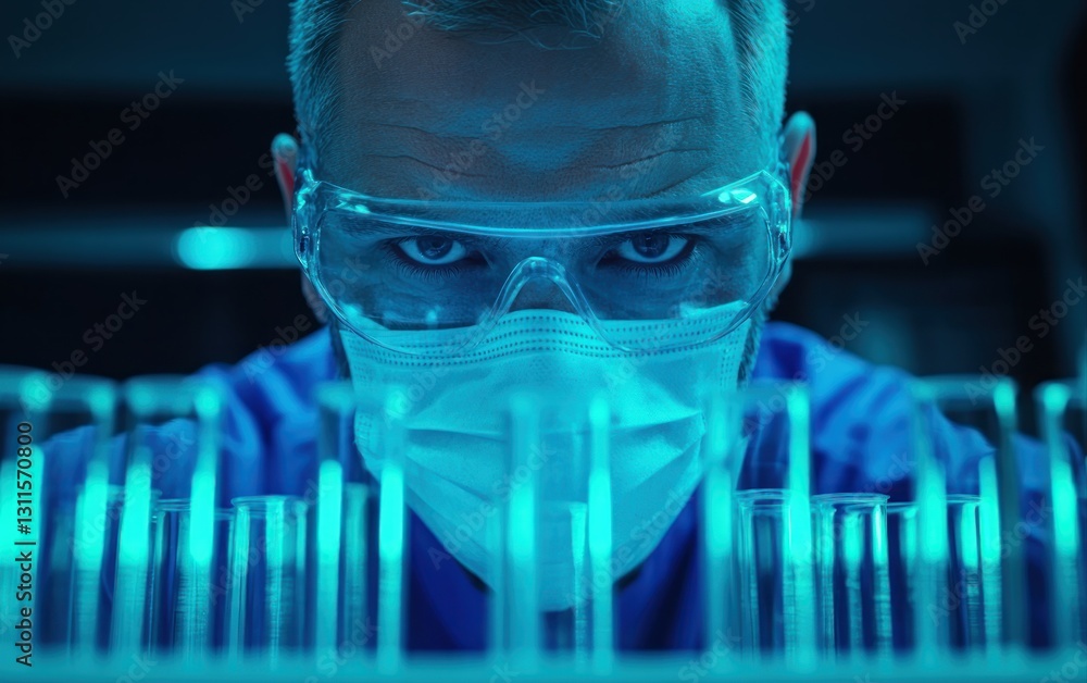 Poster Intense Scientist Examining Lab Samples Under Blue Light in a Modern Laboratory Setting