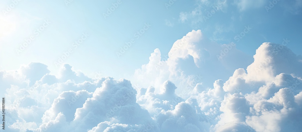 Aufkleber fluffy white clouds creating a textured pattern in a bright blue sky with soft sunlight illuminating