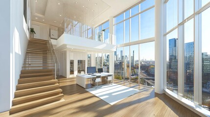 Fototapeta premium Modern open-plan loft apartment with wooden stairs, city view.