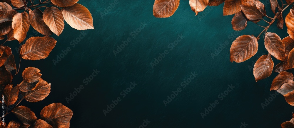 Poster autumn leaves border with rich copper and deep teal background creating a warm natural frame for des