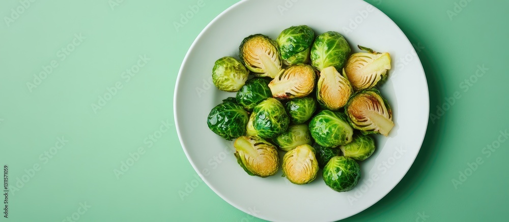 Poster lightly fried brussels sprouts arranged in a circular pattern on a white plate set against a soft gr