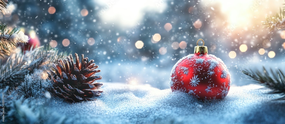 Poster red christmas ornament resting on snow with pine cones in foreground, soft bokeh lights and snowy tr
