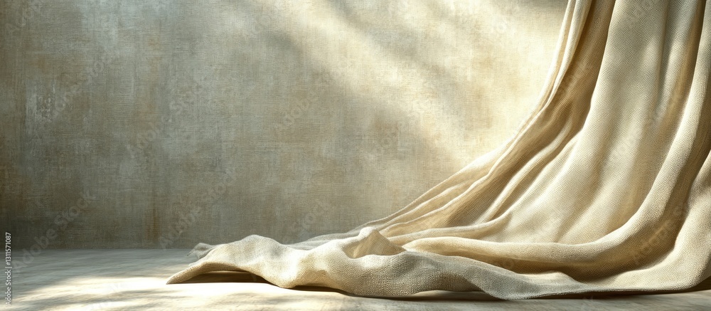Aufkleber soft beige linen draped elegantly on a textured light gray background with gentle sunlight creating 