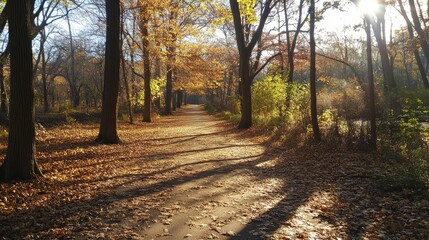Obraz premium Scenic Autumn Pathway Surrounded by Golden Leaves and Trees in a Bright Sunlit Landscape