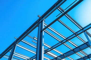 Naklejka premium Steel Beams Create the Structural Skeleton of a Skyscraper Under Construction, Showcasing Modern Architectural Progress